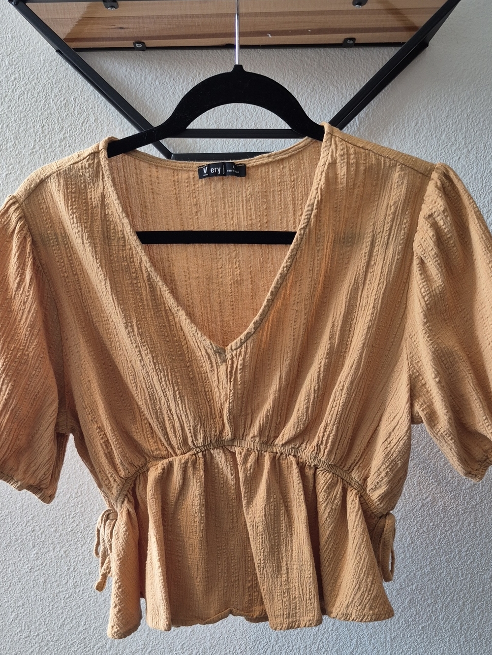 Very J Mustard V-Neck Textured Peplum Blouse